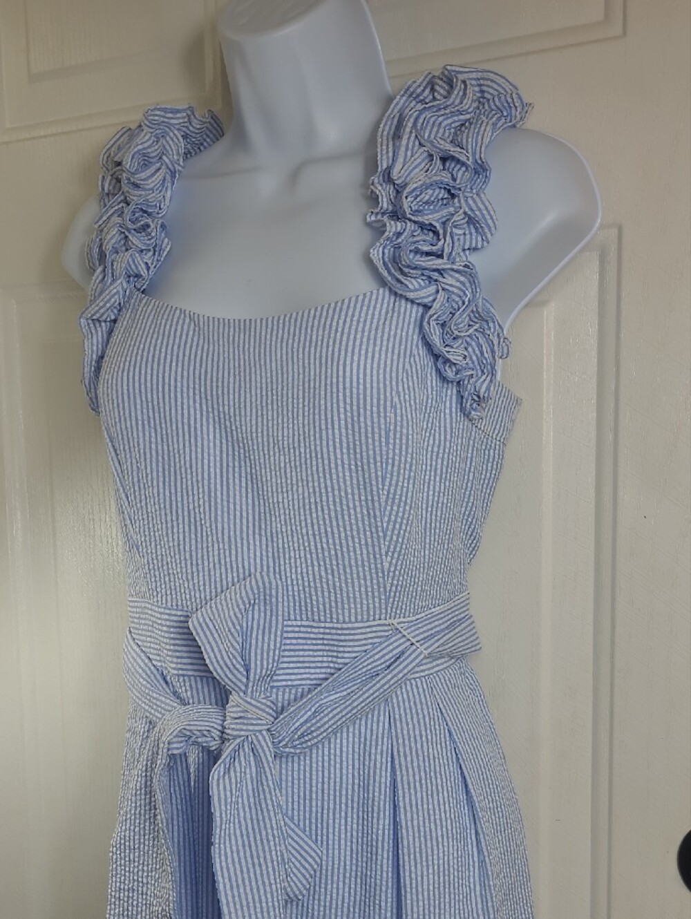 Eliza J Light Blue Ruffle-Strap Seersucker Jumpsuit with Waist Tie - Picture 4 of 15
